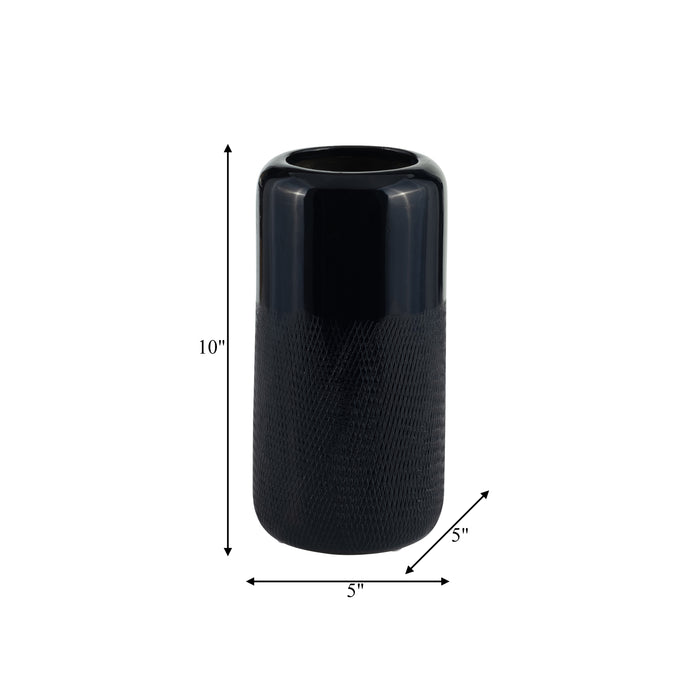 Ceramic 10\" Grooved Vase - Navy Blue