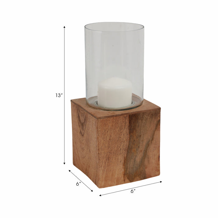 Wood 13\" Square Base Pillar Candle Holder - Natural
