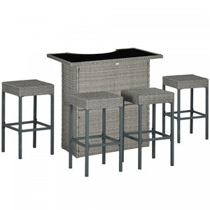 Outsunny 5 Pieces Patio Bar Set, Pe Rattan Wicker Outdoor Bar Set, Grey