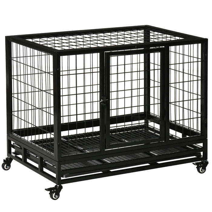 Pawhut Heavy Duty Dog Crate Cage For Large Medium Dogs With Two Doors, Lockable Wheels Tray, 36\" X 24\" X 29.5\"