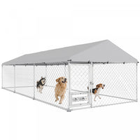 Pawhut Outdoor Dog Kennel With Roof, Heavy Duty Dog Run Outdoor Fence Cage With Adjustable & Rotating Bowls, Waterproof Uv-resistant Cover, Secure Lock, 19.7' X 7.5' X 5.2'