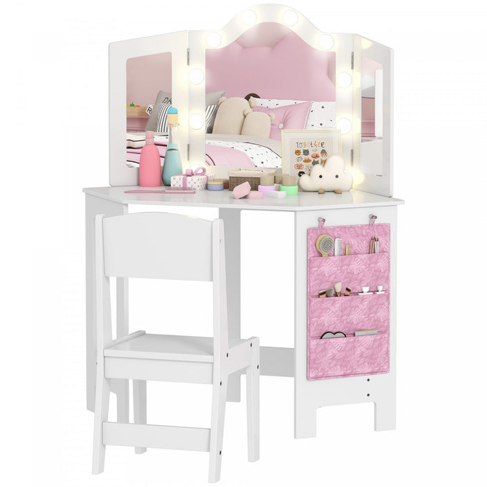 Qaba Kids Vanity Table and Chair Set with Lights, 2 in 1 Makeup Dressing Table with Tri-Fold Mirror and Side Storage Pocket, Pretend Play Vanity for Ages 3-8 Years, White
