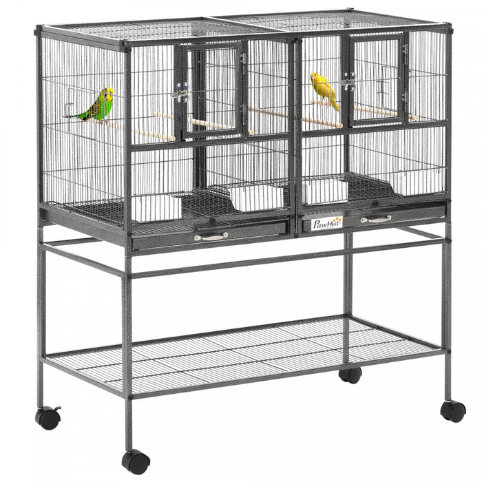 Pawhut 40 Inch Large Double Rolling Metal Bird Cage Bird House With Removable Metal Tray, Storage Shelf, Wood Perch, Food Container