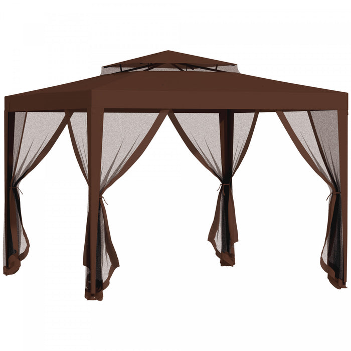 Outsunny 10' X 10' Canopy Tent, Party Tent With Mesh Netting And Double Tier Roof For Backyard, Garden, Patio, Outdoor, Brown