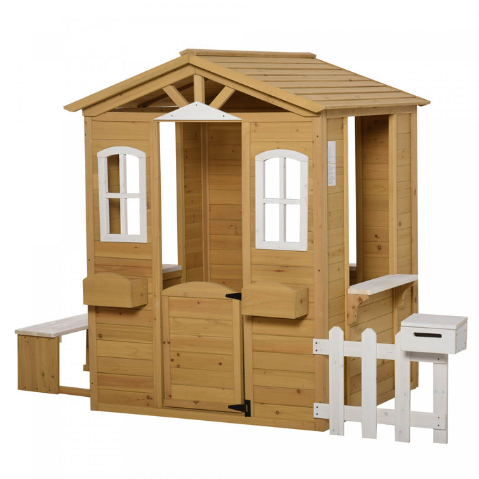 Outsunny Playhouse For Kids Outdoor With Door Windows Mailbox Flower Pot Holder Serving Station Bench Natural
