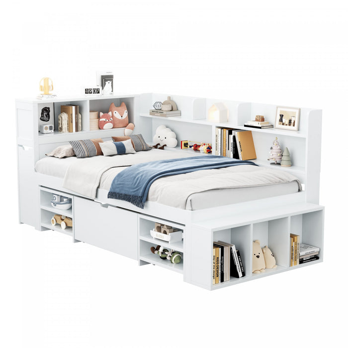 Ethan Multifunctional Daybed with Integrated Storage with Drawers and Bookcase,Twin Size,White Twin Bed