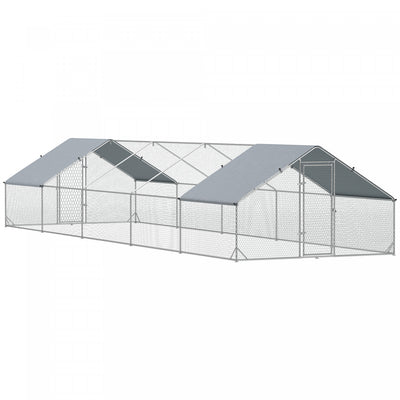 Pawhut Metal Chicken Coop, Walk-in Large Chicken Run, Poultry Cage For 30-40 Hen, Duck, Rabbit With Water- And Uv-protection Cover, For Backyard, Garden, 9.8' X 32.8' X 6.4'