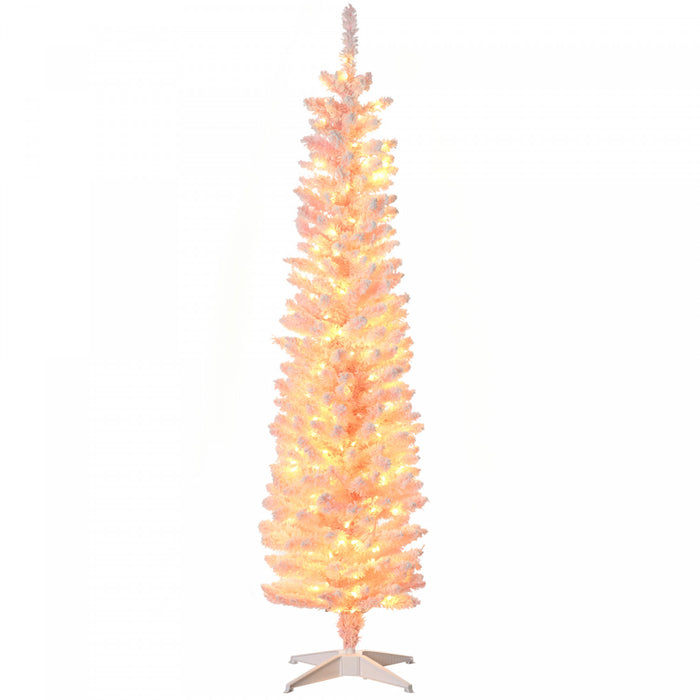 Homcom 6' Slim Snow Flocked Artificial Christmas Tree With Light, Pink