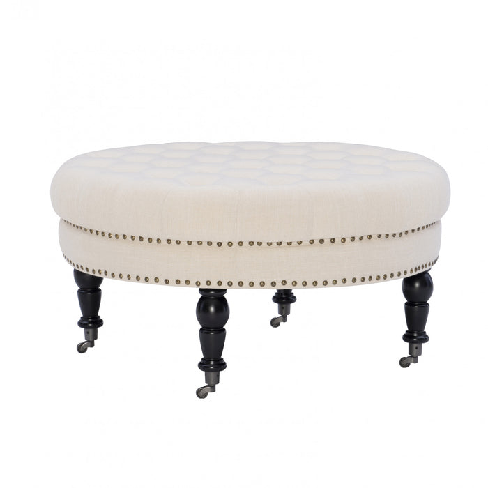 Isabelle Fabric Round Tufted Ottoman - Natural