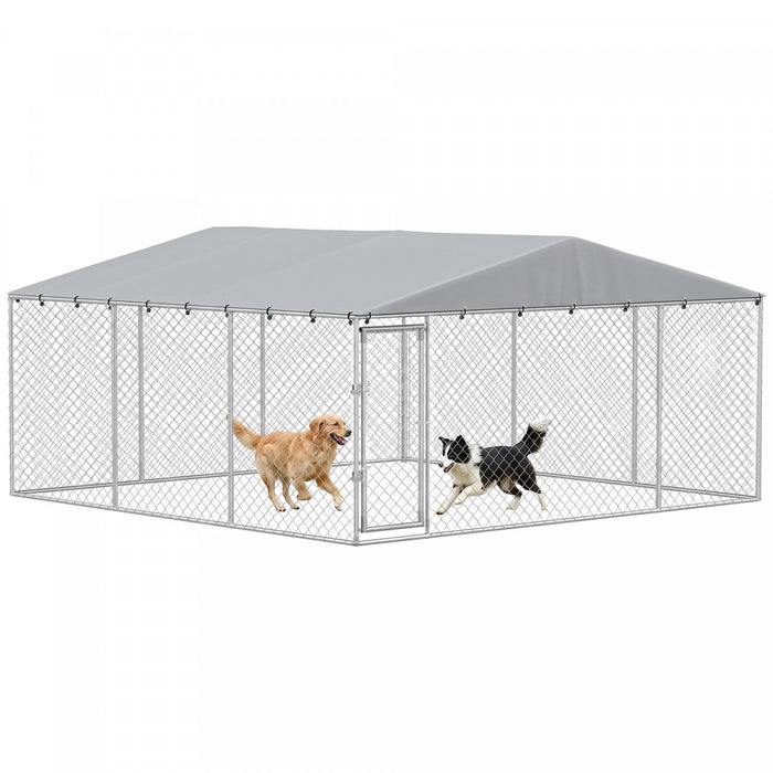 PawHut Outdoor Dog Kennel Dog Run with Waterproof, UV Resistant Cover, Double Secure Locks for Small and Medium Sized Dogs, 13.1' x 13.1' x 6.6', Silver