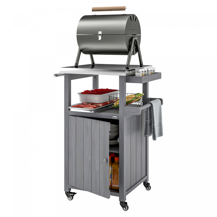 Outsunny Grill Table with Stainless Steel Top, Pizza Oven Table with Storage Cabinet, Spice Rack, Outdoor Kitchen Island with Wheels, Handle, Dark Grey