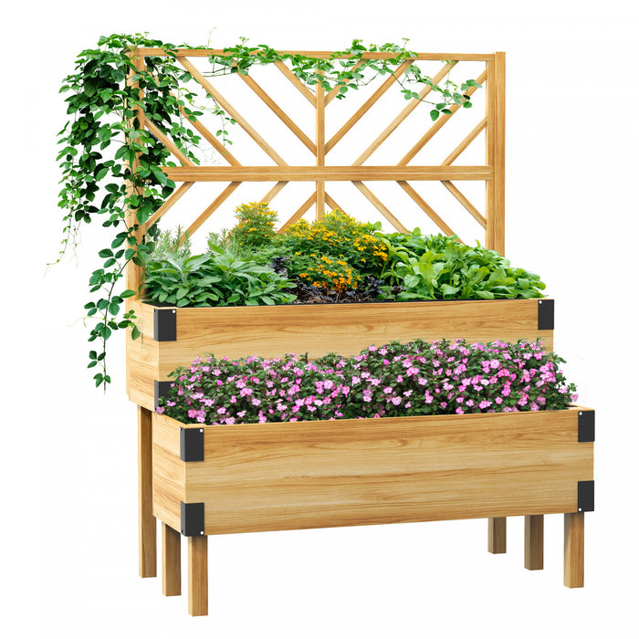 Outsunny 2 Tier Wooden Raised Bed W/ Trellis Elevated Planter Box, Natural