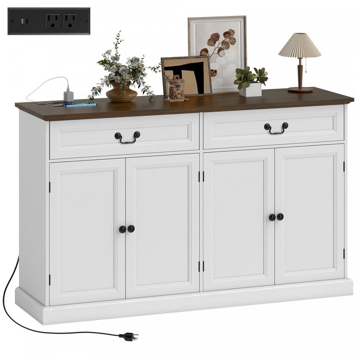HOMCOM Buffet Cabinet with Charging Station, 55\" Farmhouse Sideboard, White