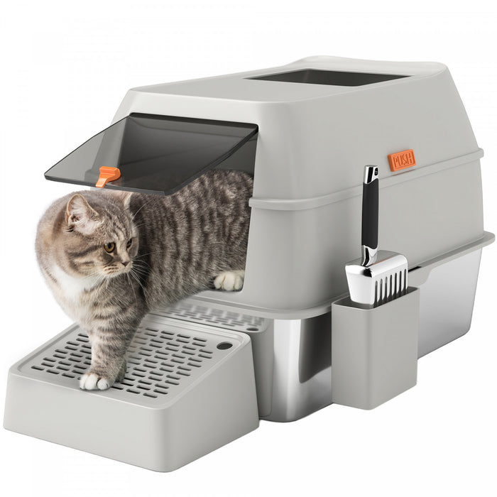Pawhut Stainless Steel Cat Litter Box With Lid, Metal Litter Pan Tray With High Sided, Scoop, 34.5l, Easy Clean, Non-sticky & Anti-leakage, Light Grey