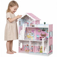 Qaba Wooden Doll House for Kids, 3-Story Dollhouse Playset with 6 Rooms and 10-Piece Accessories for Dolls Up to 7.9