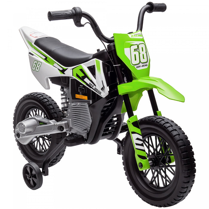 Qaba Kids Dirt Bike with Twist Grip Throttle, 12V Electric Motorcycle, Electric Bike with Training Wheels, Spring Suspension & Music, for Toddler 3-6 Years, Green