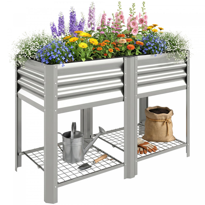 Outsunny Raised Garden Bed with Storage Shelf 31.5\", Silver