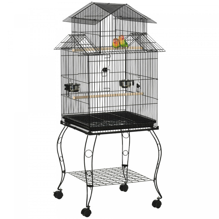 Pawhut 53.9'' Large Rolling Steel Bird Cage Bird House With Detachable Rolling Stand, Storage Shelf, Wood Perch, Food Container, Black