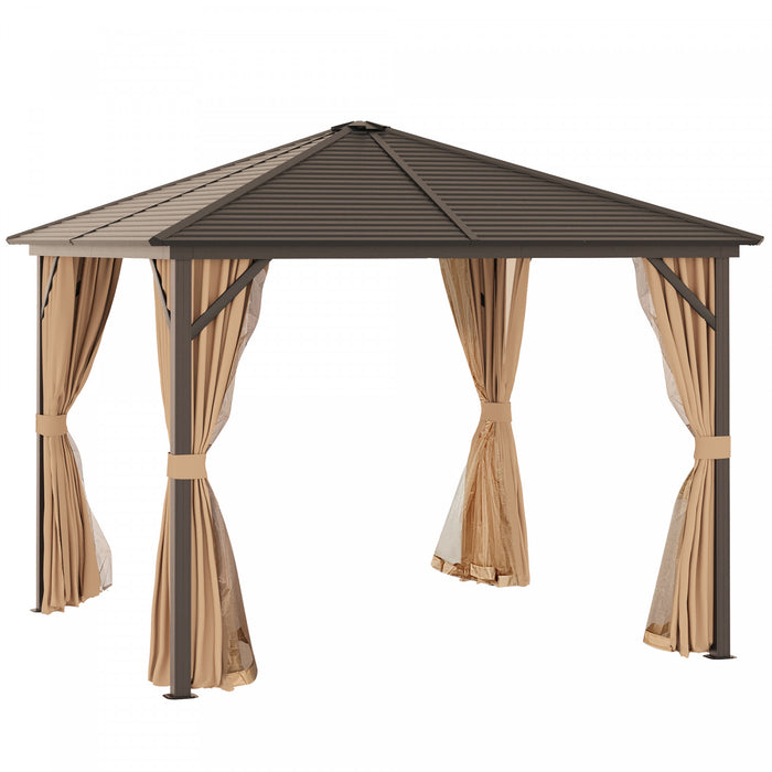Outsunny 10' X 10' Hardtop Gazebo Outdoor Gazebo Canopy With Mosquito Netting, Curtains, Hanging Hook And Aluminum Frame, Brown