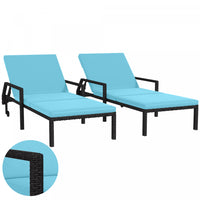 Outsunny 2 Pcs Wicker Patio Loungers W/ Wheels, Adjustable Backrest, Blue