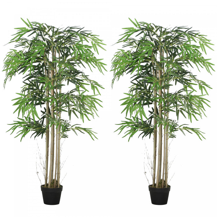 Outsunny 5FT Artificial Bamboo Tree Set of 2 in Pot with 1095 Leaves, Green