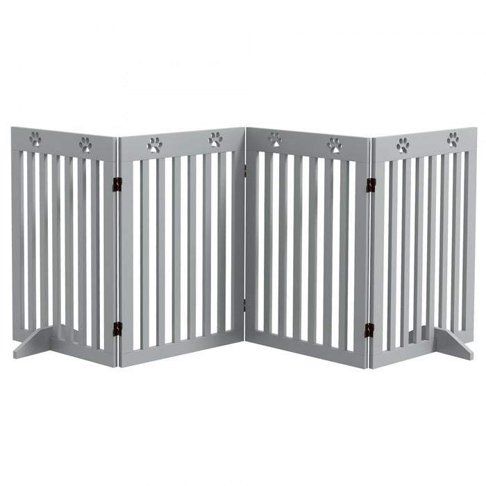Pawhut Freestanding Pet Gate 4 Panel Dog Barrier Folding Safety Fence With Support Feet Up To 80.25\" Long 29.5\" Tall For Doorway Stairs Black Light Grey