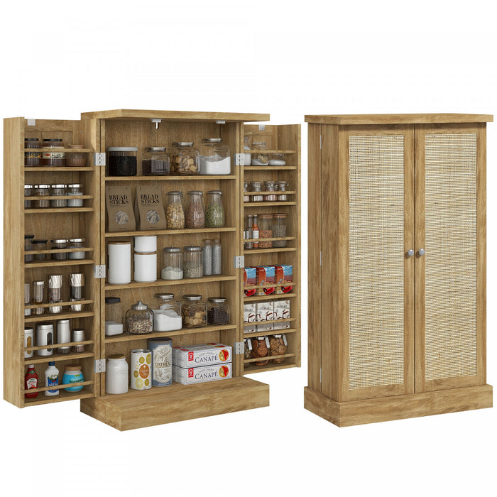 HOMCOM 41\" Rattan Kitchen Pantry Storage Cabinet with Spice Racks Natural