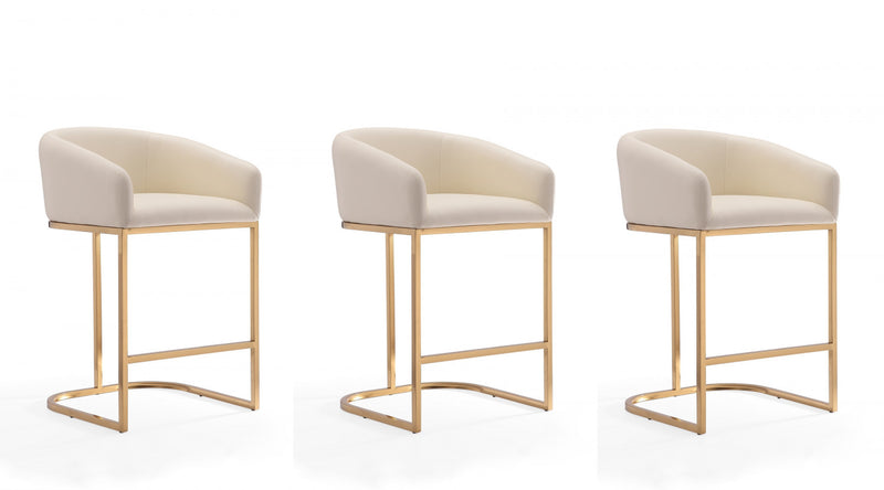Louvre Mid-Century Modern Metal Upholstered Counter Stool in Cream - Set of 3