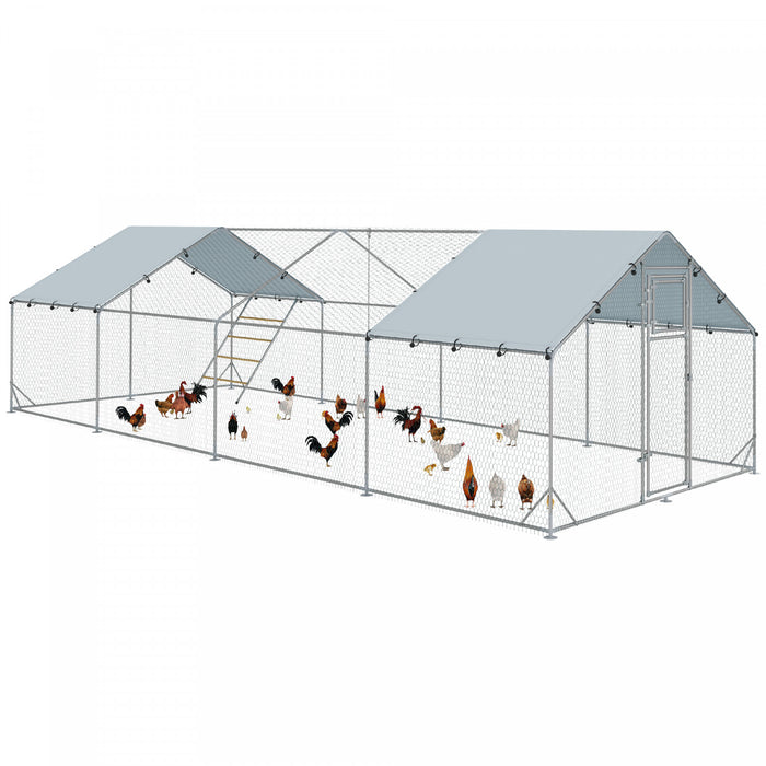 Pawhut Chicken Run, Large Metal Chicken Coop With Feeding Door, Waterproof & Uv-resistant Cover, Hanging Feeder, Perch, Poultry Cage For Outdoor, Backyard, Farm, For 24-30 Poultry