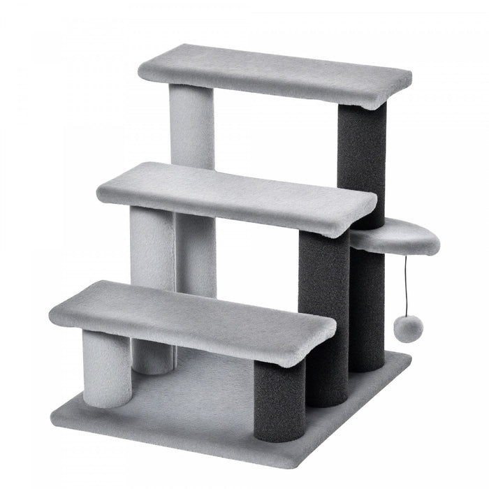 Pawhut Cat Stairs 3 Steps For Bed, Couch With Scratching Posts, Small Cat Tree For Indoor Cats With Toy Ball, 17.5\" X 15.5\" X 19\", Light Grey