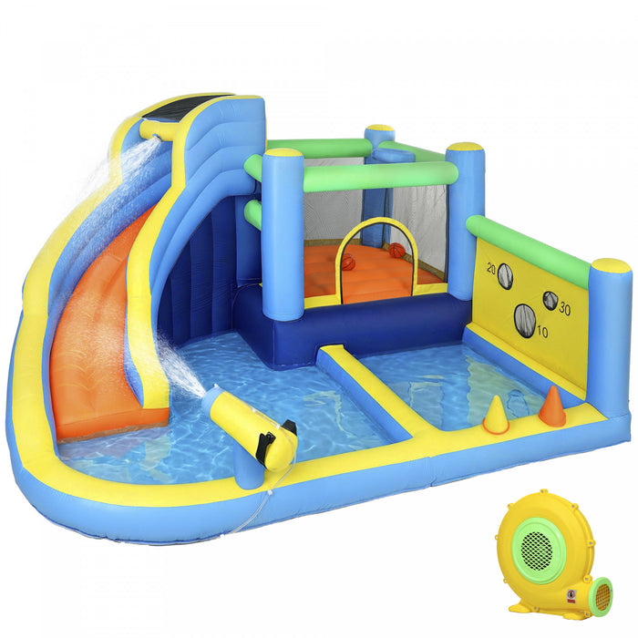 Qaba 8 in 1 Bouncy Castle for Kids, Inflatable Bounce House with Slide, Splash Pool, Climbing Wall, Basketball Hoop, Balls, Ring Toss, Water Cannon, Blower for Indoor Outdoor