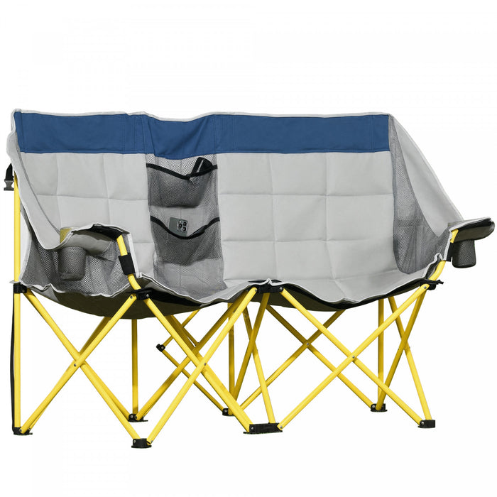 Outsunny Double Seat Camping Chair Folding Loveseat w/ Storage Pocket Navy