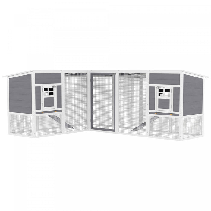 PawHut 99\"L Wooden Chicken Coop, Corner Design Rabbit Hutch with Run and 2 Houses, Outdoor Hen House with Waterproof Roof and Ramps for Backyard, Grey