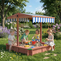 Outsunny Wooden Sandbox with Cover, Kids Sandbox Outdoor with Adjustable Canopy, Seats, and Bottom Liner for Backyard, Beach, 47
