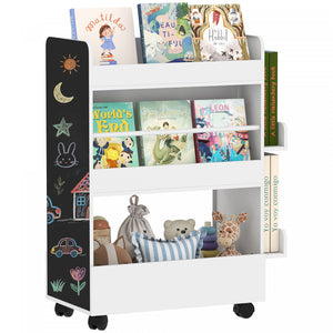 Qaba Kids Bookshelf with Wheels, Double-Sided Book Rack Display with Blackboard, Kids Bookcase Toy Storage Organizer for Nursery, Playroom, Classroom, for 3-8 Years, White