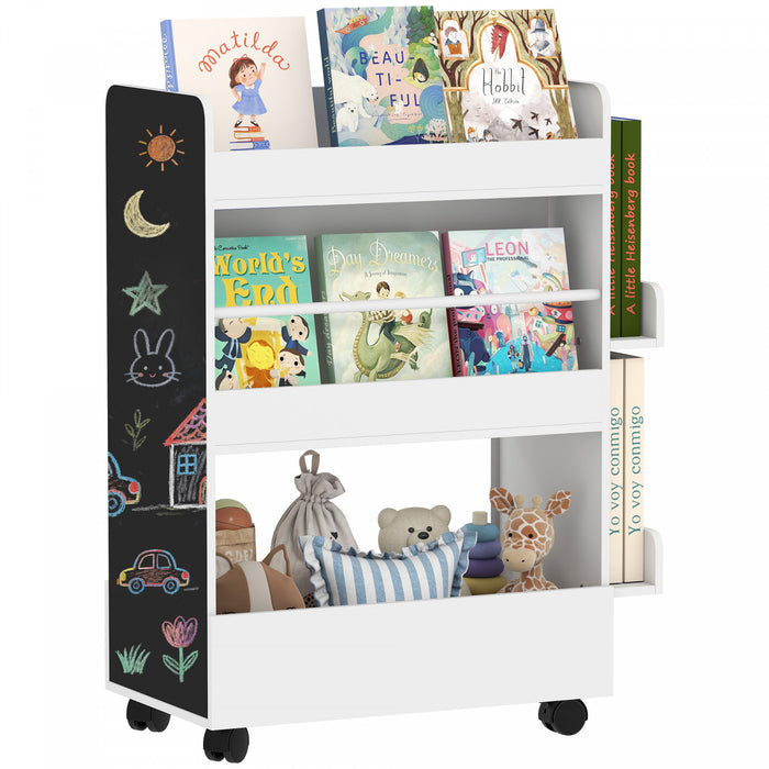 Qaba Kids Bookshelf with Wheels, Double-Sided Book Rack Display with Blackboard, Kids Bookcase Toy Storage Organizer for Nursery, Playroom, Classroom, for 3-8 Years, White