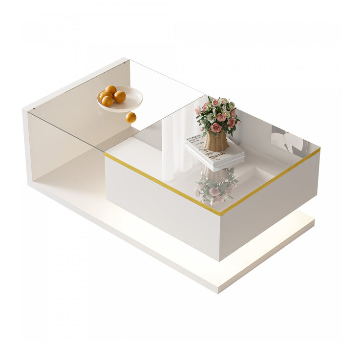 Maxwell High-Gloss 39.4\" Long Coffee Table with Glass and LED Effect,White
