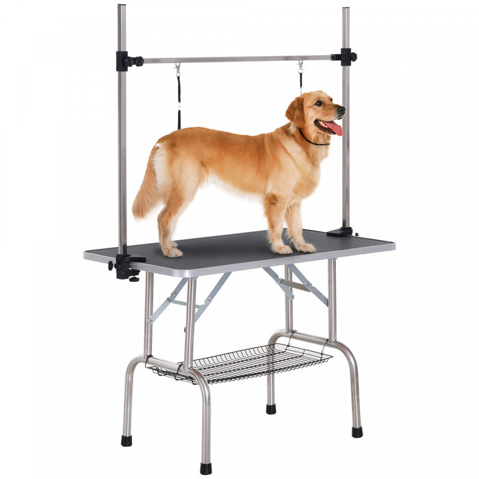 Pawhut Adjustable Dog Grooming Table Rubber Top 2 Safety Slings Mesh Storage Basket Heavy Metal Black 42.25\"x 23.5\" X 67\"