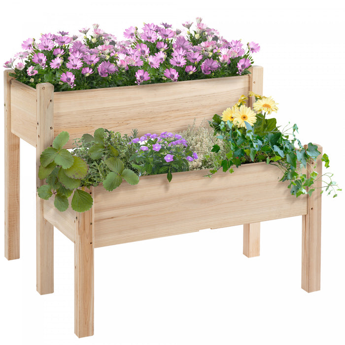 Outsunny 34\"x34\"x28\" 2-tier Raised Garden Bed Wooden Planter Box For Backyard, Patio To Grow Vegetables, Herbs, And Flowers