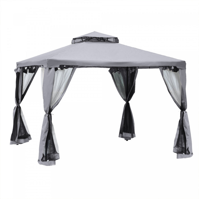 Outsunny 9.6' X 9.6' Patio Gazebo Outdoor Pavilion 2 Tire Roof Canopy Shelter Garden Event Party Tent Yard Sun Shade Steel Frame W/ Mosquito Netting Grey