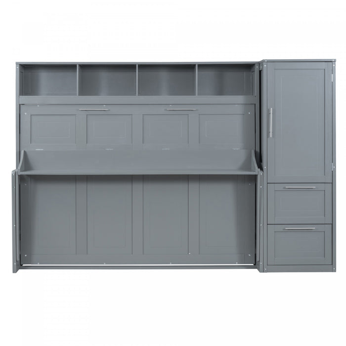 Dennis Engineered Wood Full Murphy Bed With Shelves And Drawers, Grey