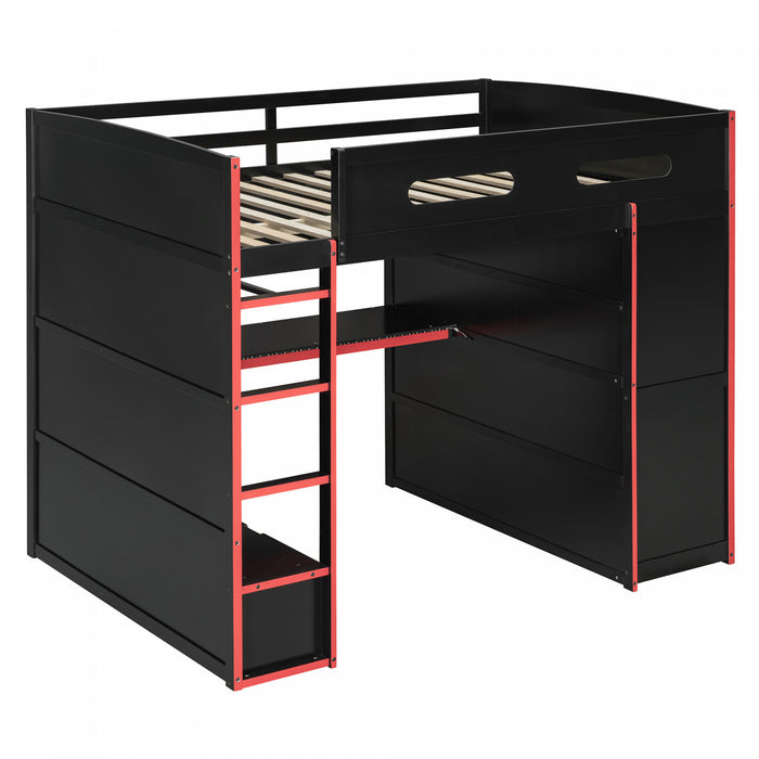 Jerry Wood Loft Bed with Desk and Storage,Full Size,Red Full Bed