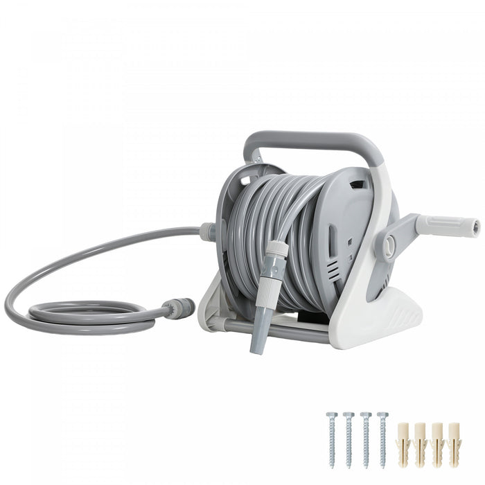 Outsunny Portable Garden Hose Reel, 1/2\" x 66ft Wall Mounted Hose Reel with 2 Patterns Spray Nozzle, Compact with Crank Handle for Yard Lawn Garage Car Cleaning Watering, Grey
