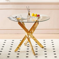 Alex Round Multi-Functional Dining Table with Glass Top,Golden 