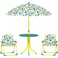 Qaba Kids Picnic Table, Kids Table and Chair Set with 2 Folding Chairs and Removable Umbrella, Jungle Theme Portable Children Outdoor Furniture for Backyard, Garden, Patio, Green