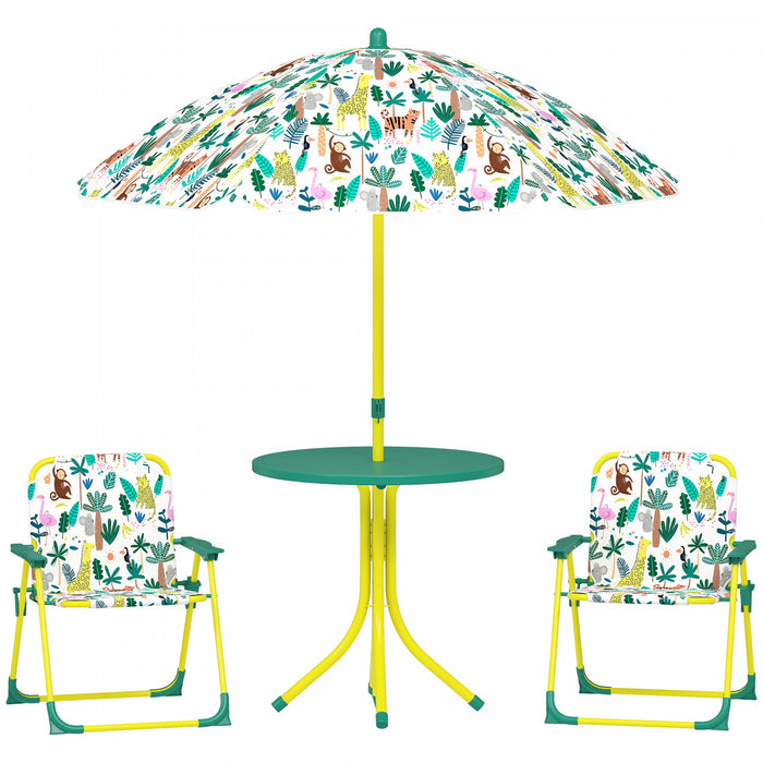 Qaba Kids Picnic Table, Kids Table and Chair Set with 2 Folding Chairs and Removable Umbrella, Jungle Theme Portable Children Outdoor Furniture for Backyard, Garden, Patio, Green
