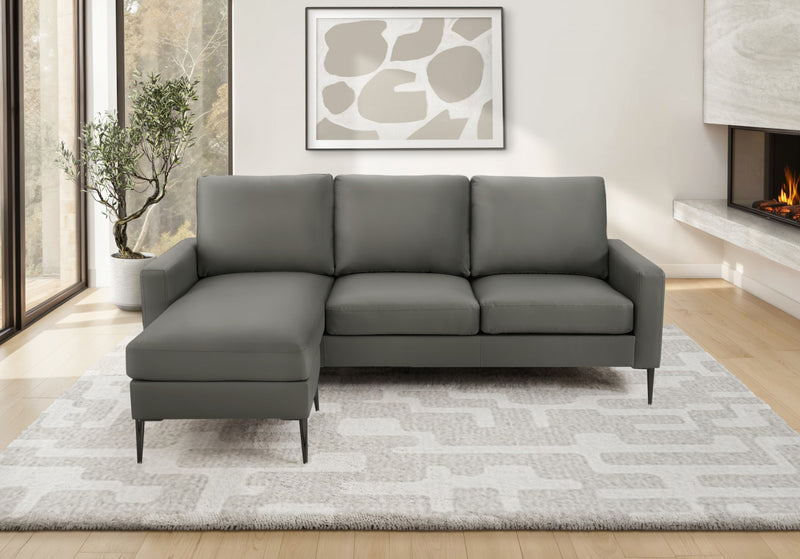 Upholstered Chaise Sofa Lounger, 85\" Wide, Dark Grey Leather Look, Black Metal Legs Sofa