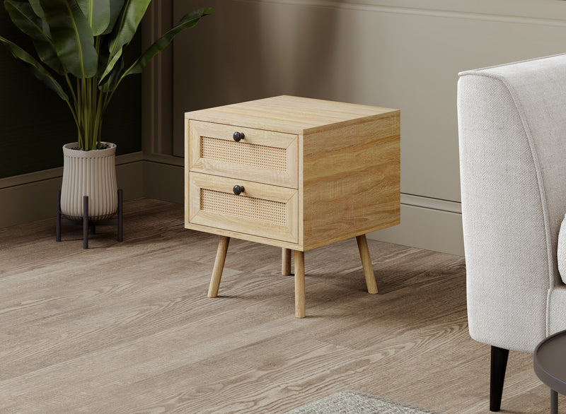 End Table With 2 Drawers - Natural Brown Wood Look