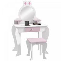 Qaba Kids Vanity Set With Mirror And Stool, Makeup Vanity Table For Children 3-6 Years Old, With Dra