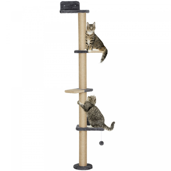 Pawhut Cat Wall Shelves, Cat Wall Furniture With 4 Perch Platforms, Jute Scratching Post And Toy Ball For Indoor Sleeping, Playing, Climbing, Dark Grey